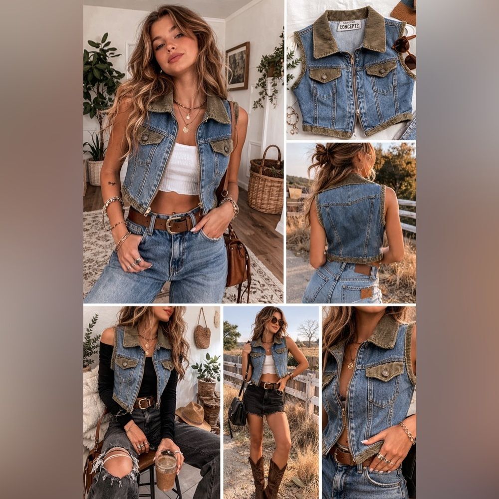Vintage California Concepts Denim Vest Corduroy Trim Western Y2K
